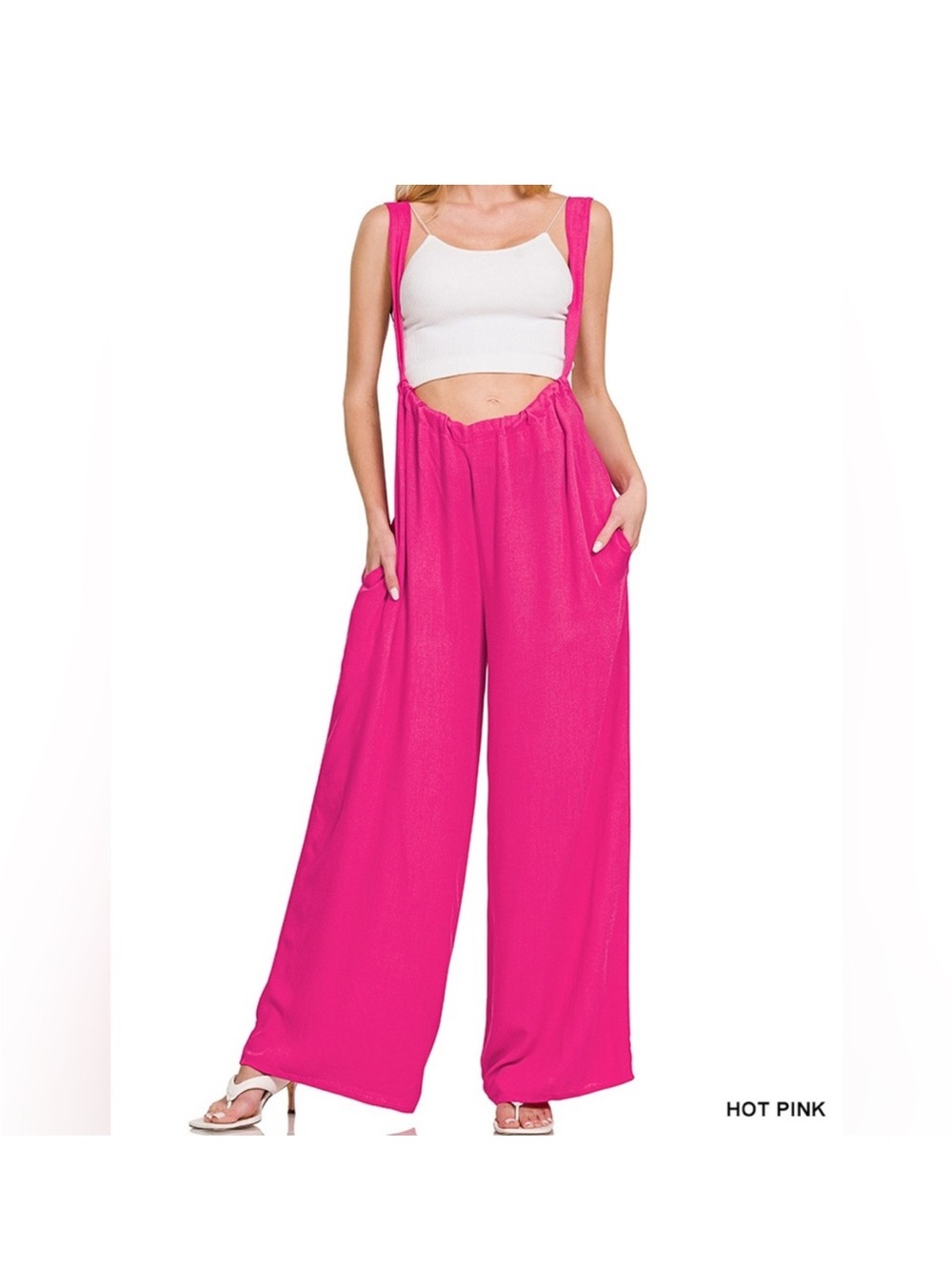 Zenana Outfitters Hot Pink Wide-Leg Suspender Jumpsuit